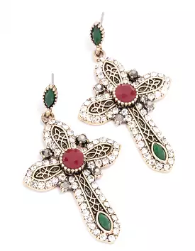 Antique Gold Jeweled Cross Drop Earrings