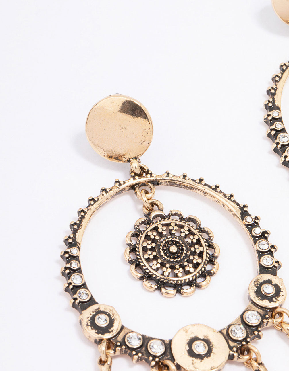 Antique Gold Round Medallion Drop Earrings