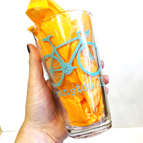 Aqua Evanston Bicycle Pint Glass