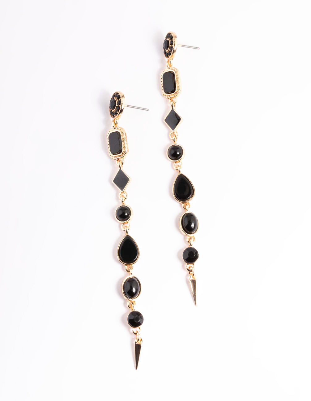 Black & Gold Long Mixed Stone Drop Earrings