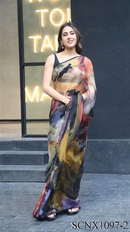 Bollywood Celebrity Sara Ali Khan inspired New Outstanding Jimmy Organza Silk Saree -BANDE001SAK<br data-mce-fragment=1>