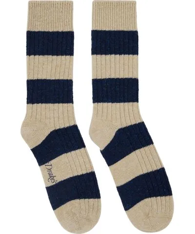 Drake's Beige & Blue Striped Donegal Wool Socks