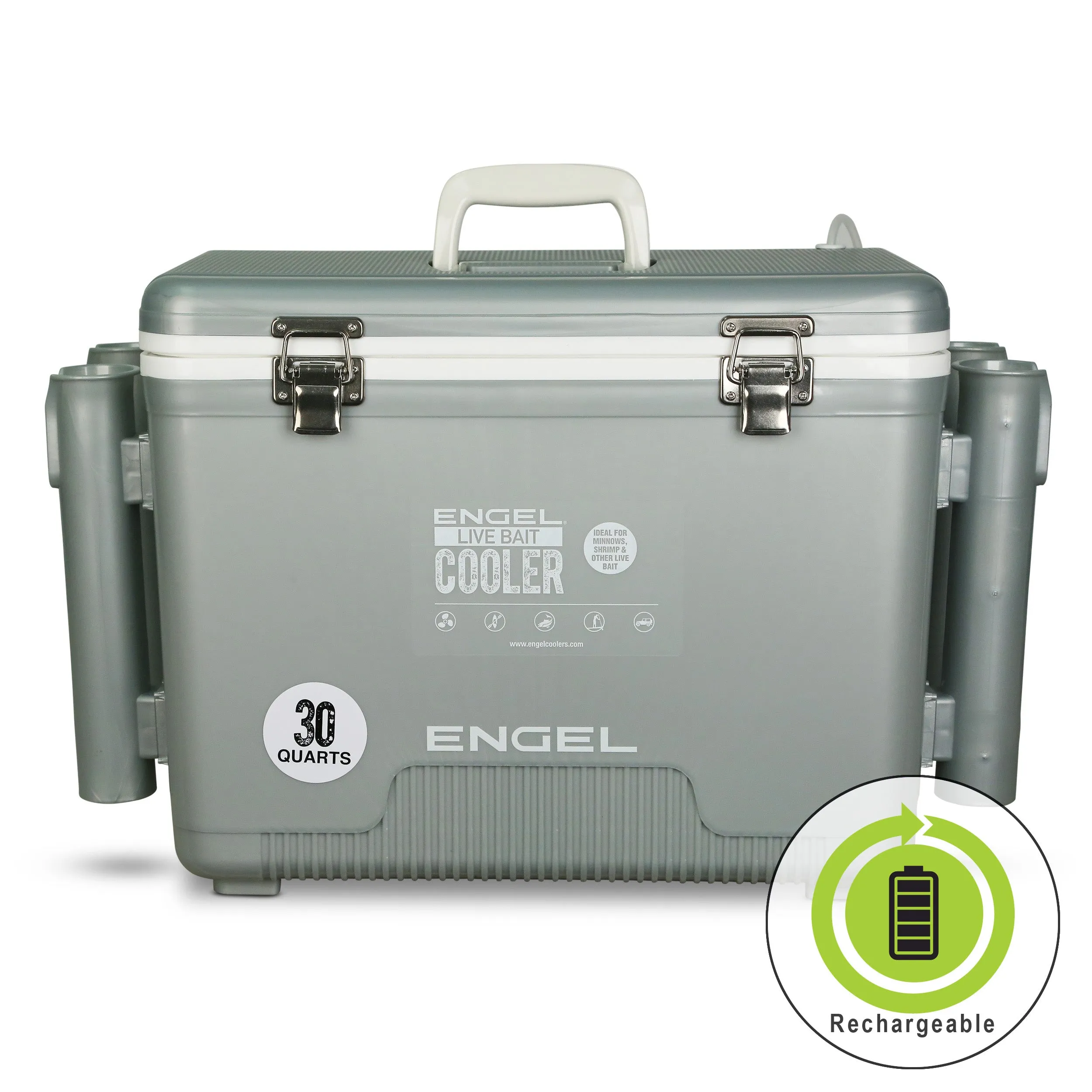 Engel 30Qt Live bait Pro Cooler with AP4 XL Rechargeable Aerator, Rod Holders & Stainless Hardware