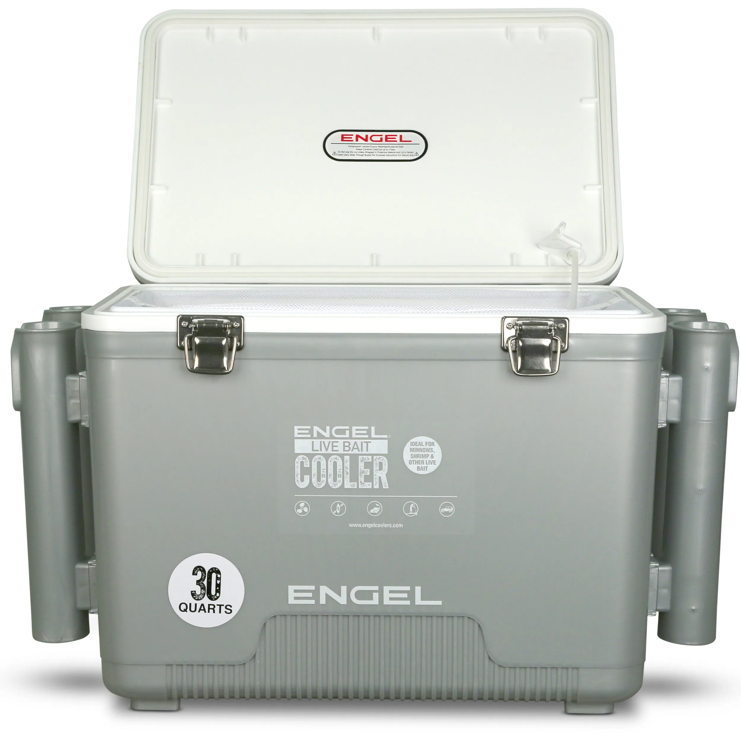 Engel 30Qt Live bait Pro Cooler with AP4 XL Rechargeable Aerator, Rod Holders & Stainless Hardware