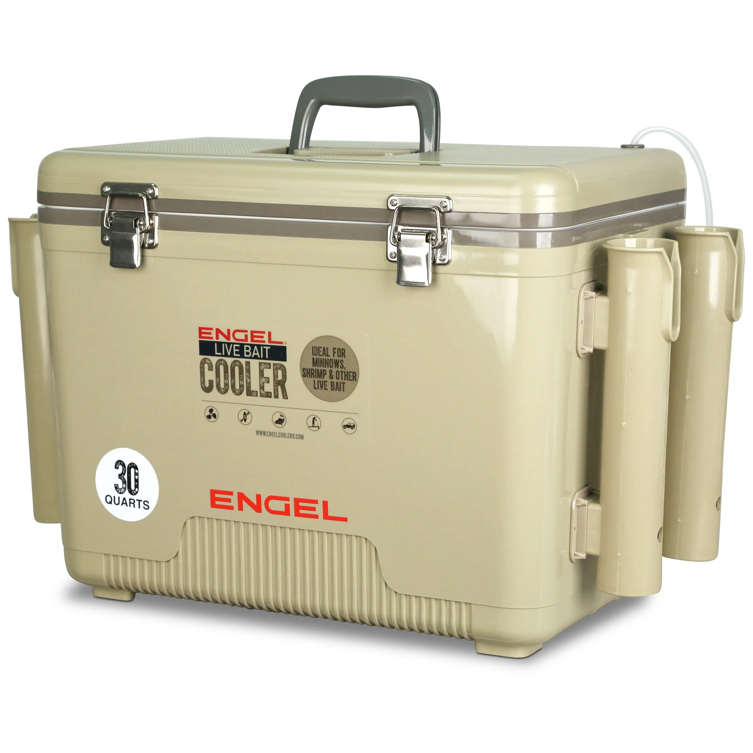 Engel 30Qt Live bait Pro Cooler with AP4 XL Rechargeable Aerator, Rod Holders & Stainless Hardware