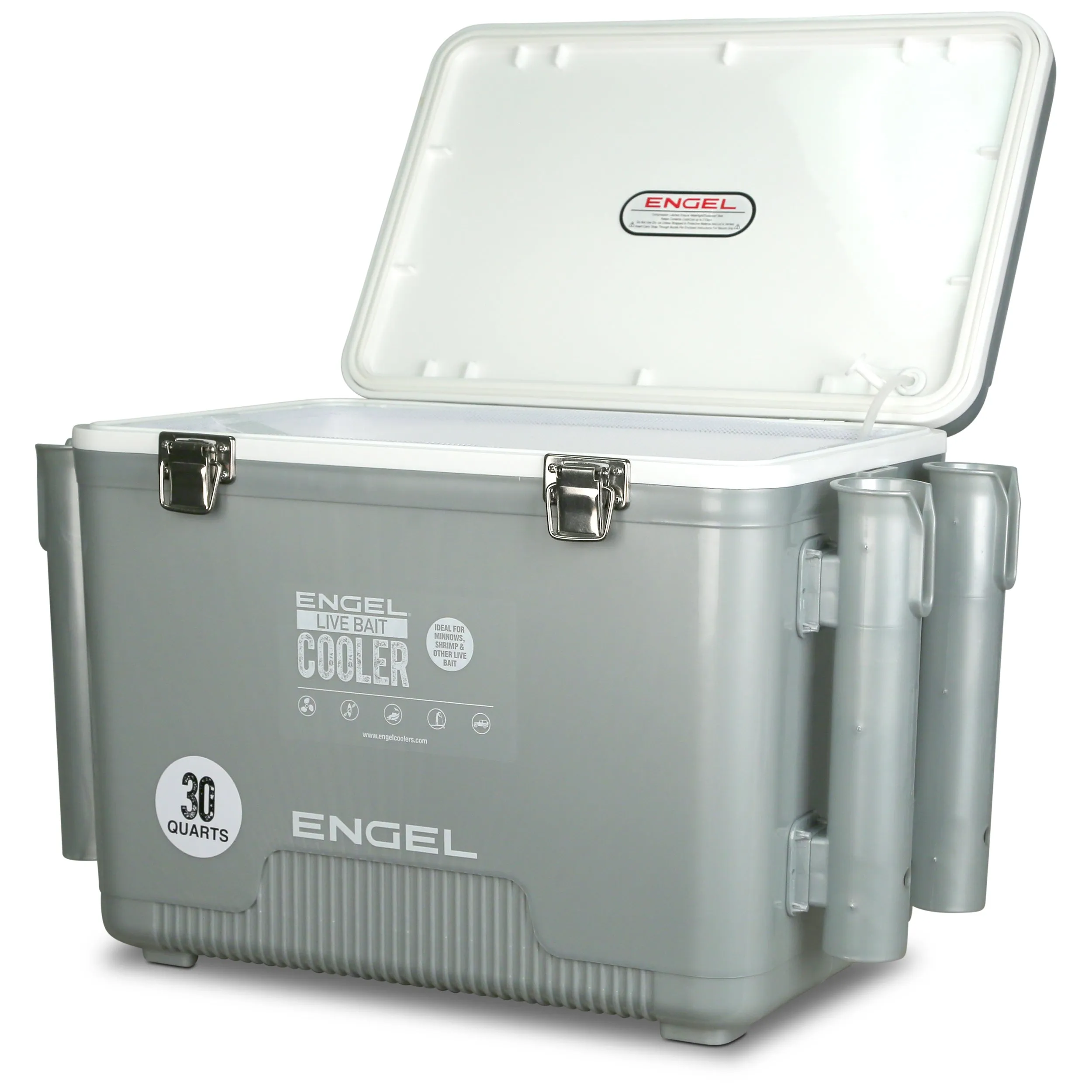 Engel 30Qt Live bait Pro Cooler with AP4 XL Rechargeable Aerator, Rod Holders & Stainless Hardware