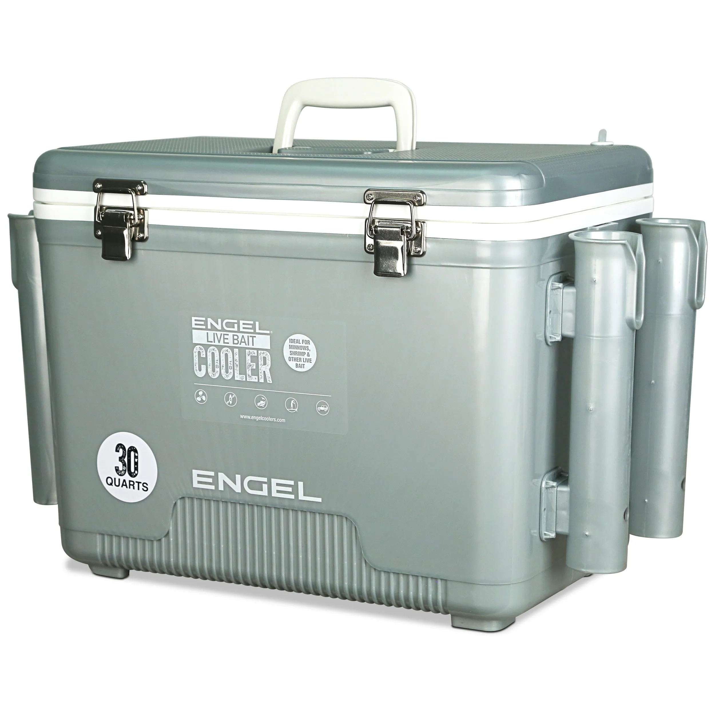 Engel 30Qt Live bait Pro Cooler with AP4 XL Rechargeable Aerator, Rod Holders & Stainless Hardware