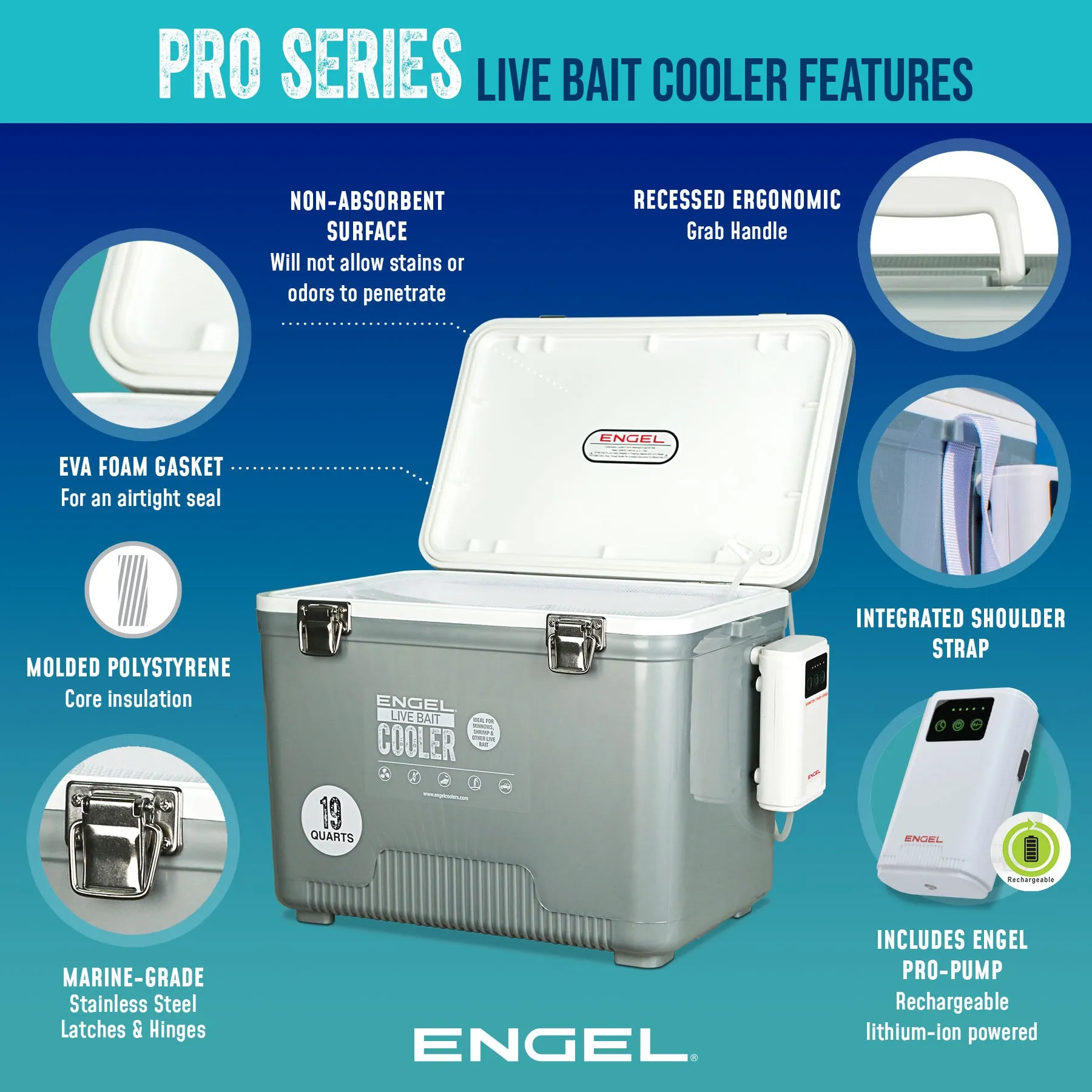 Engel 30Qt Live bait Pro Cooler with AP4 XL Rechargeable Aerator, Rod Holders & Stainless Hardware