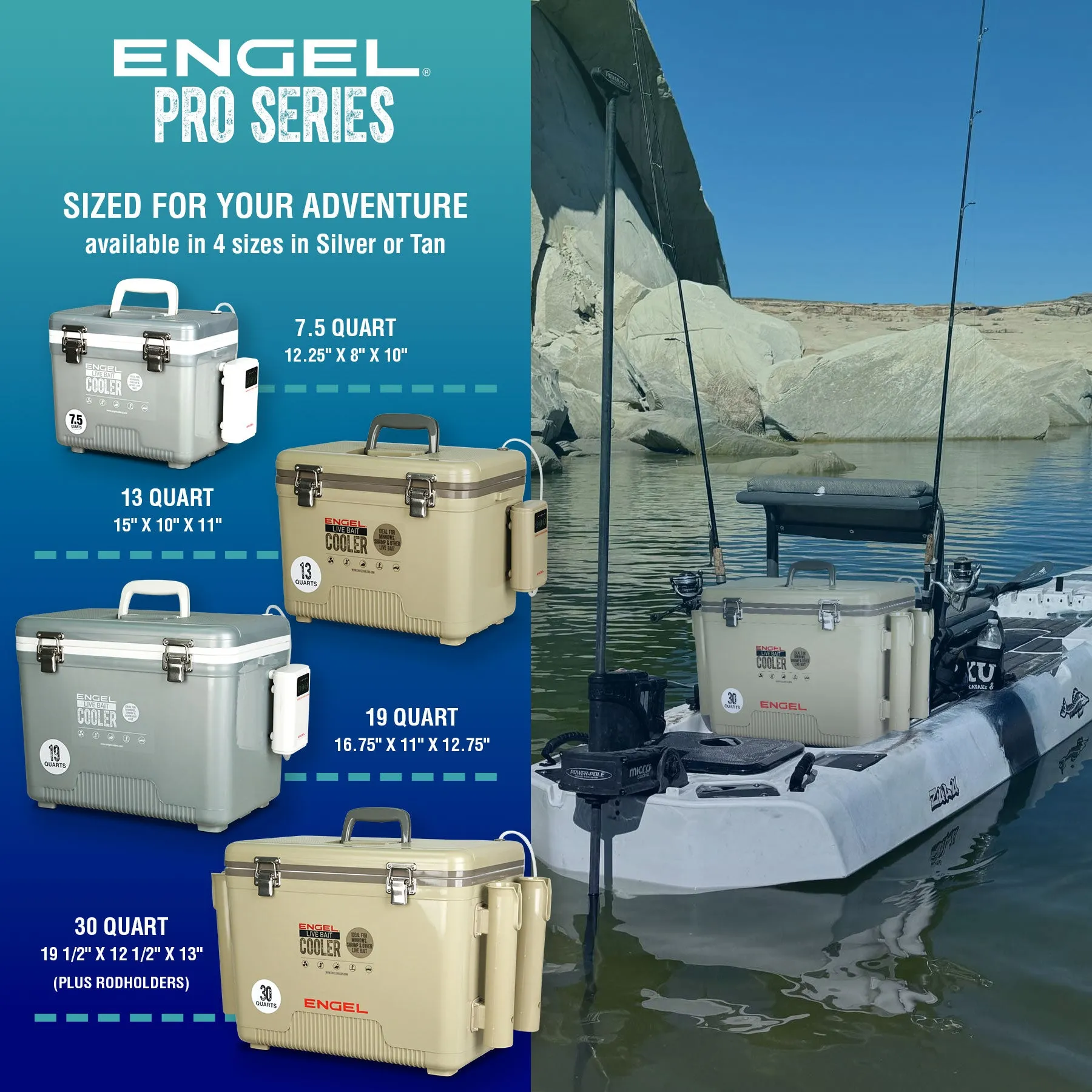 Engel 30Qt Live bait Pro Cooler with AP4 XL Rechargeable Aerator, Rod Holders & Stainless Hardware