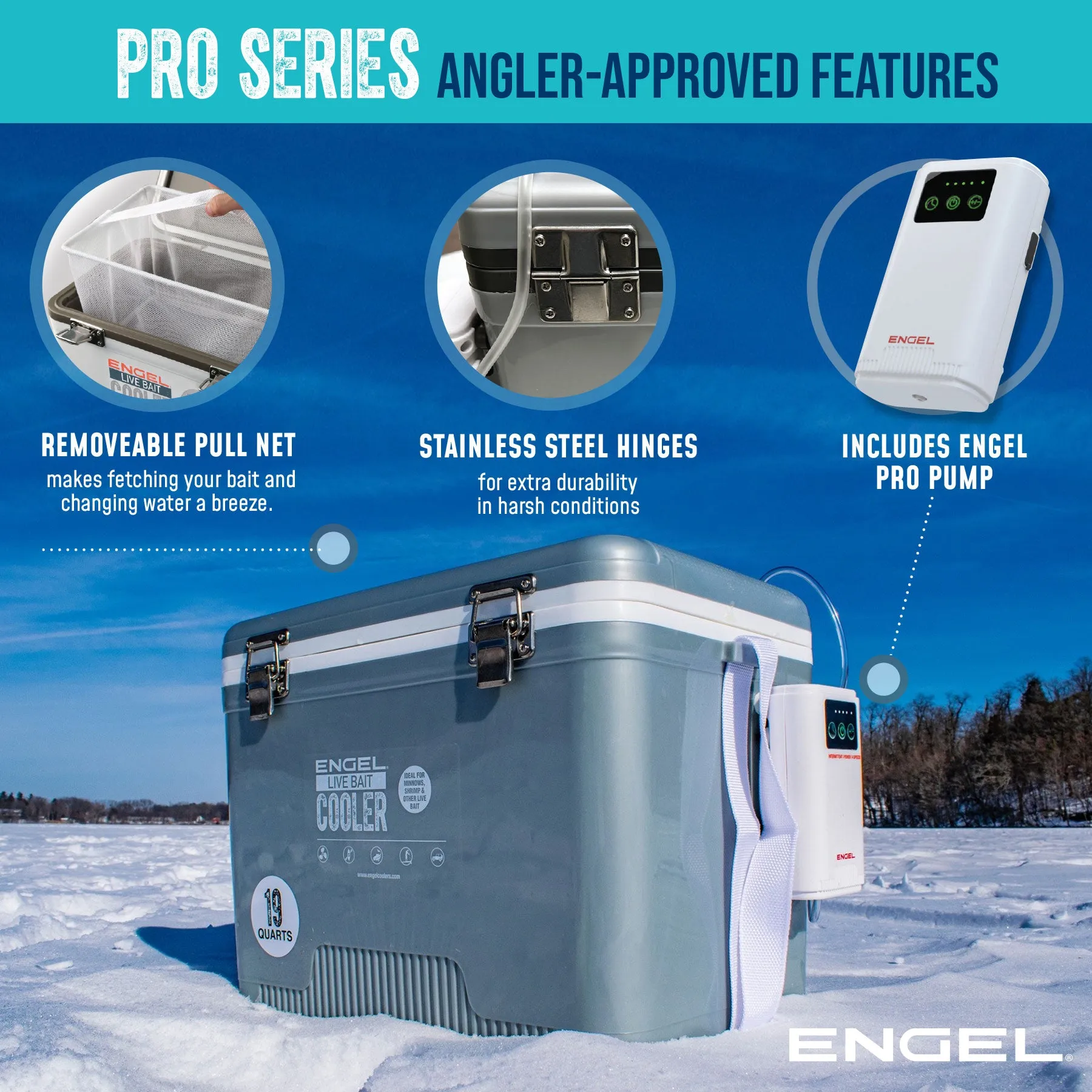 Engel 30Qt Live bait Pro Cooler with AP4 XL Rechargeable Aerator, Rod Holders & Stainless Hardware