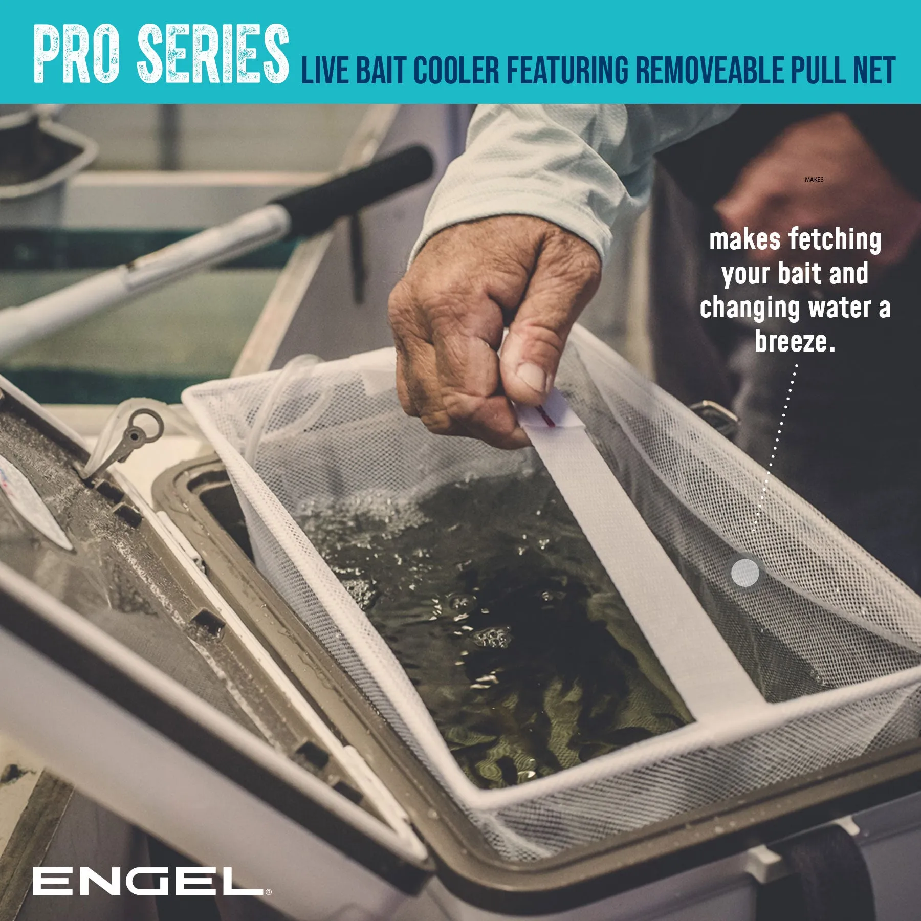 Engel 30Qt Live bait Pro Cooler with AP4 XL Rechargeable Aerator, Rod Holders & Stainless Hardware