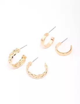 Gold Braided & Ribbed Hoop Earring Pack