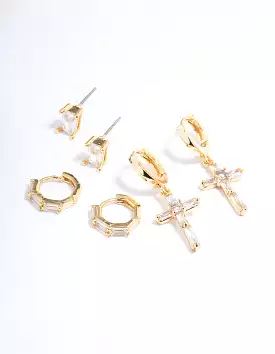 Gold Plated Baguette Cross Earrings Pack