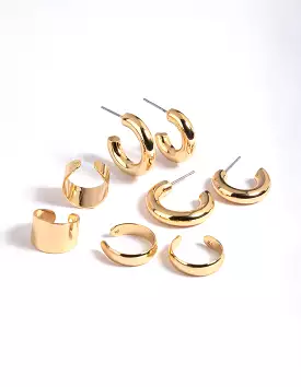 Gold Plated Cuff & Huggie Statement Earring Stack 4-Pack