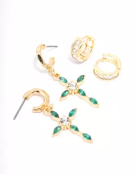 Gold Plated Emerald Diamante Cross Earring Pack