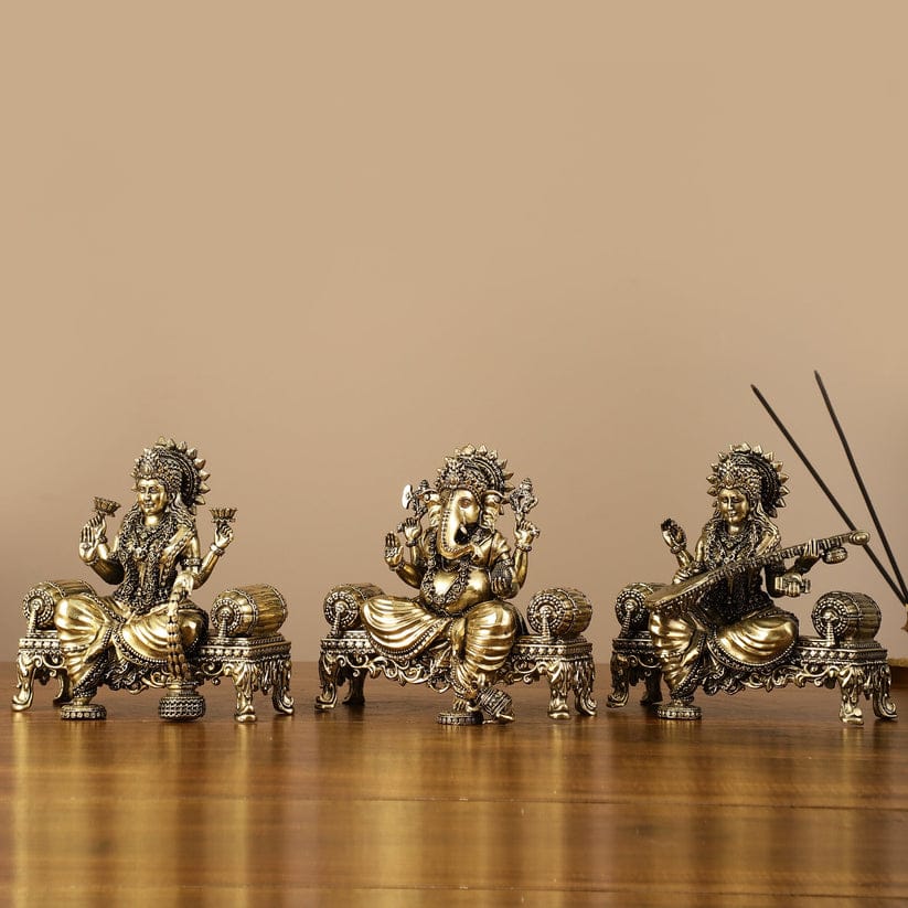 Lord Ganesha , Goddess lakshmi and Goddess Saraswati idols in Brass-ANUB001LSG<br data-mce-fragment=1>