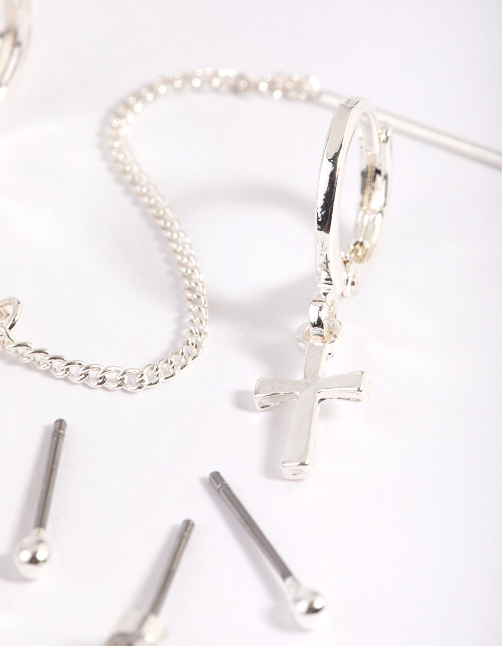 Silver Plated Chain Cross Earring Stack 8-Pack