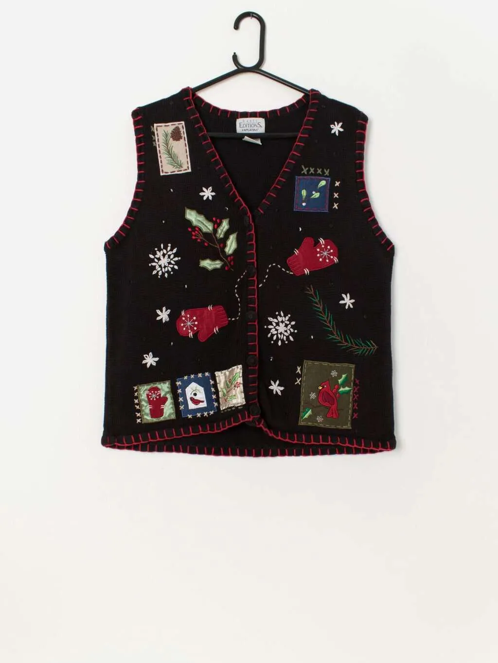 Vintage embroidered Christmas knitted vest with mistletoe and mittens – Large