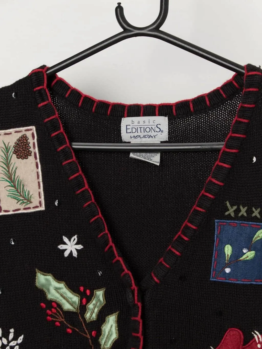 Vintage embroidered Christmas knitted vest with mistletoe and mittens – Large