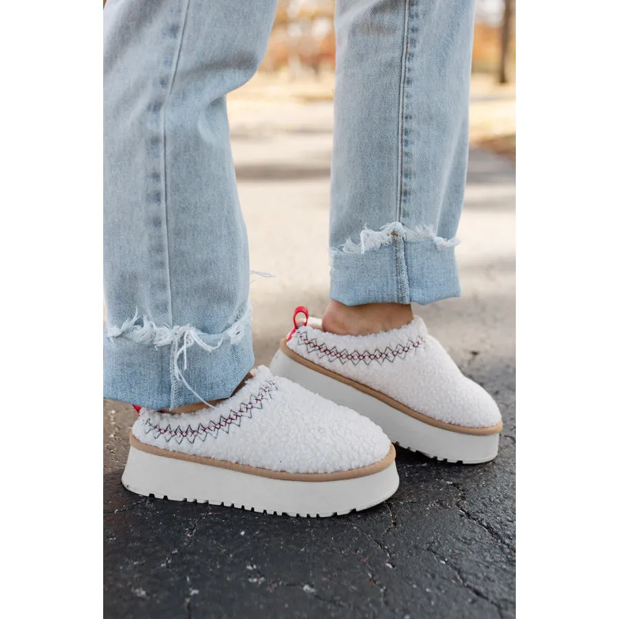 White Embroidered Sherpa Plush Thick Sole Winter Slippers