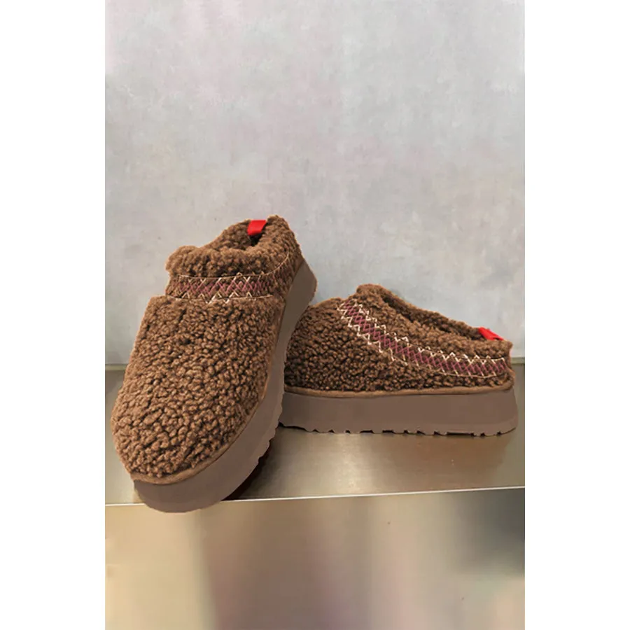 White Embroidered Sherpa Plush Thick Sole Winter Slippers