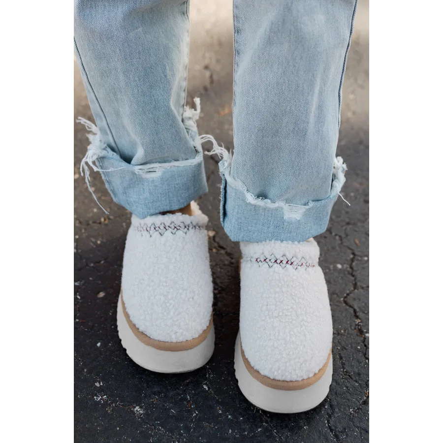 White Embroidered Sherpa Plush Thick Sole Winter Slippers