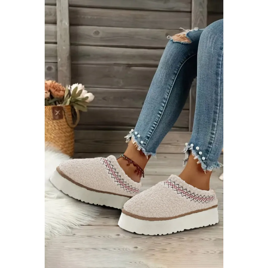 White Embroidered Sherpa Plush Thick Sole Winter Slippers