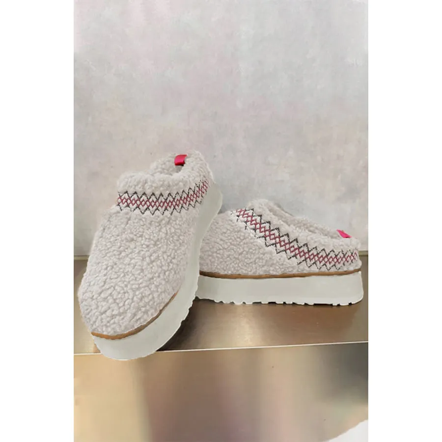 White Embroidered Sherpa Plush Thick Sole Winter Slippers