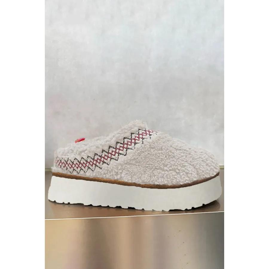 White Embroidered Sherpa Plush Thick Sole Winter Slippers