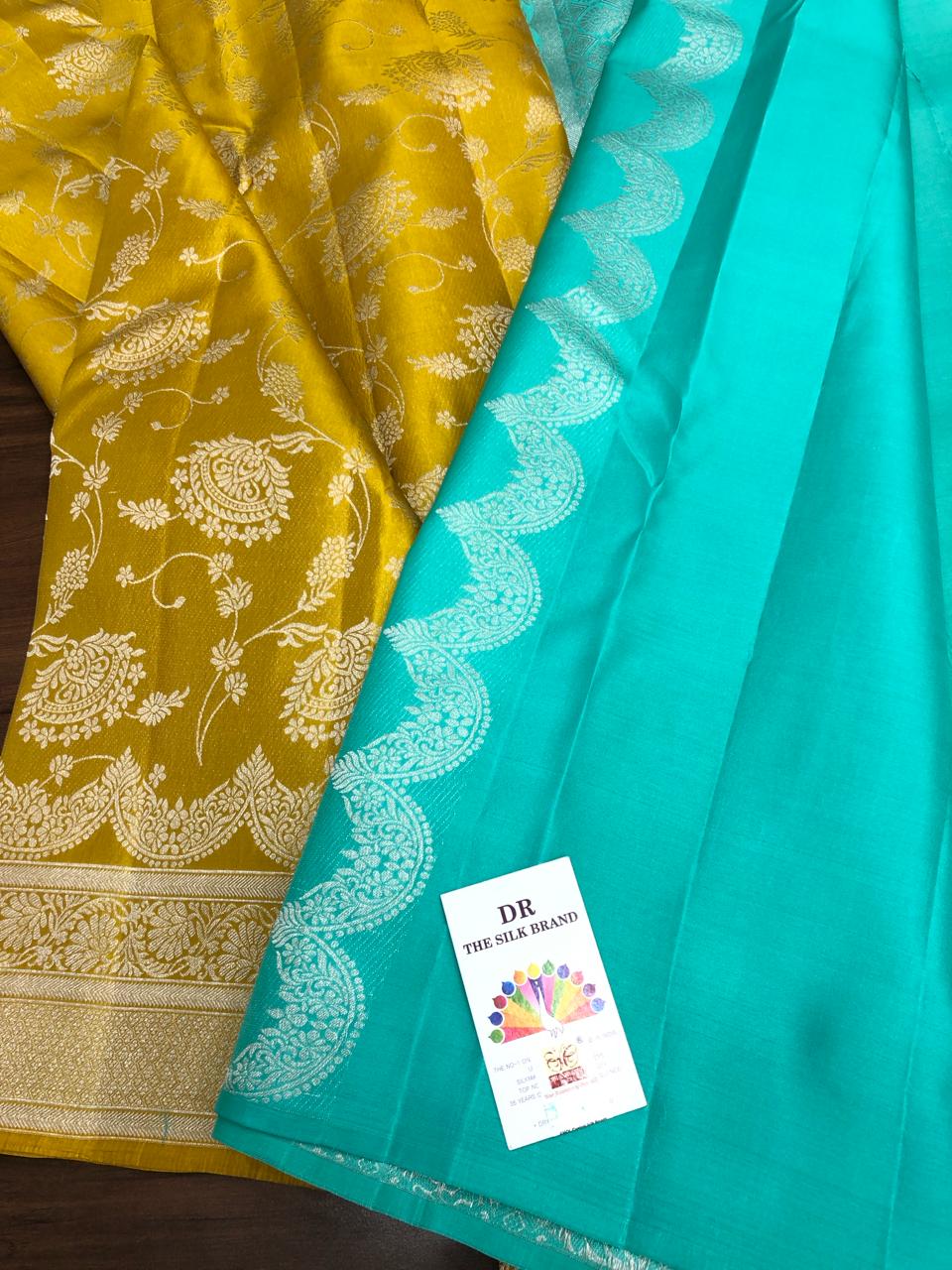 YELLOW AND FIROZI BLUE SHADE BRIDAL SPECIAL PRESENTING A PURE KANCHI HANDLOOM PATTU SILK SAREES WITH BROCADE ZARI WEAVINGS-PRIYA