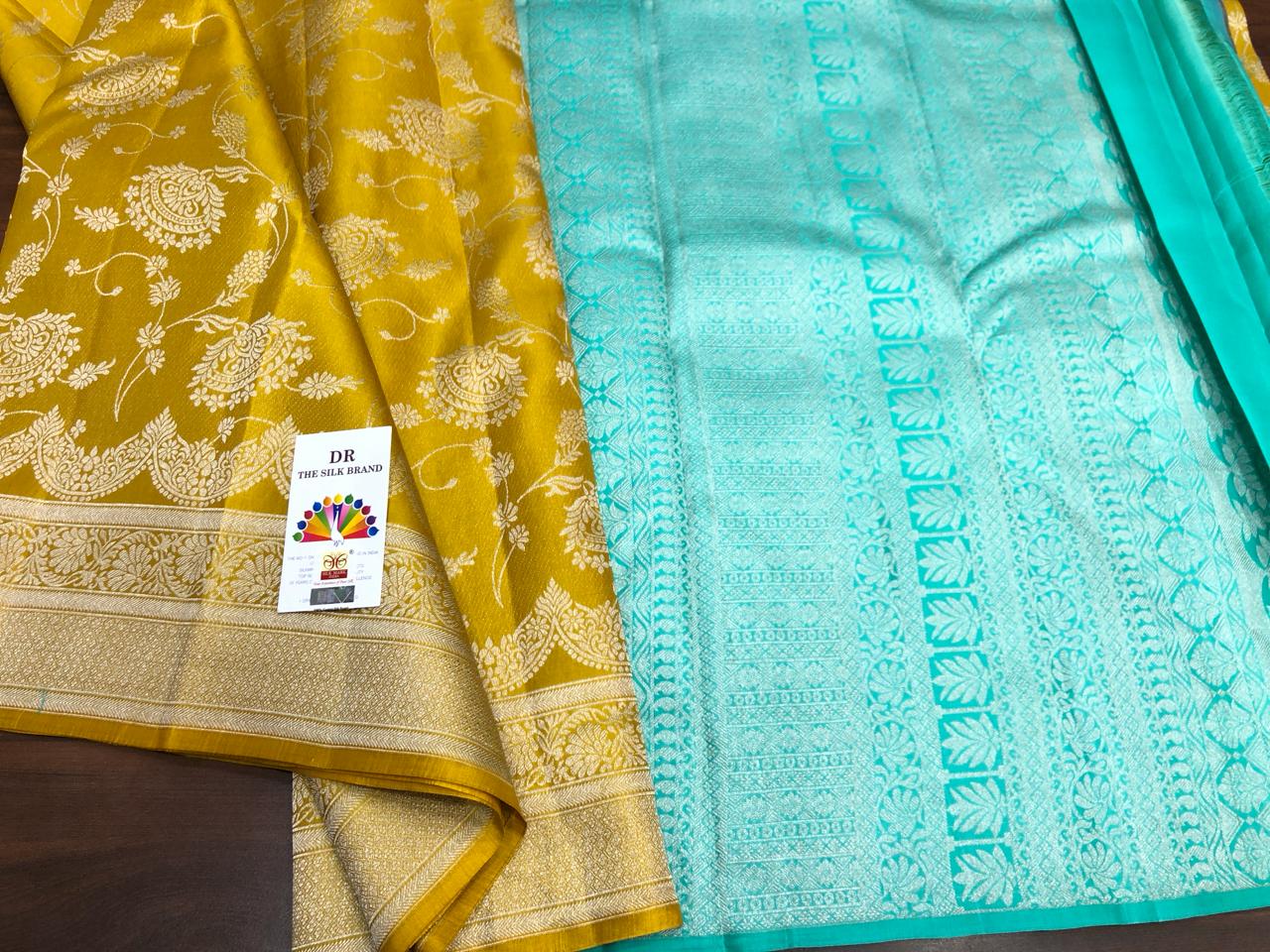 YELLOW AND FIROZI BLUE SHADE BRIDAL SPECIAL PRESENTING A PURE KANCHI HANDLOOM PATTU SILK SAREES WITH BROCADE ZARI WEAVINGS-PRIYA