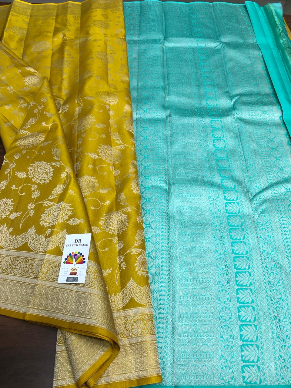 YELLOW AND FIROZI BLUE SHADE BRIDAL SPECIAL PRESENTING A PURE KANCHI HANDLOOM PATTU SILK SAREES WITH BROCADE ZARI WEAVINGS-PRIYA